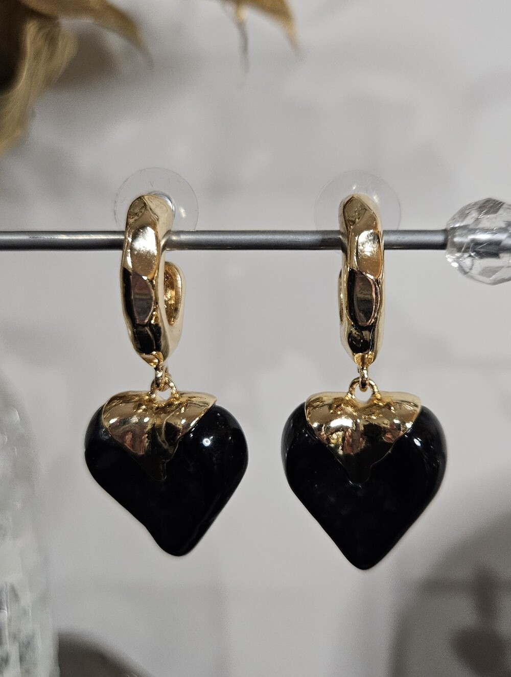 Heart Drop Earrings, Black & Gold, NEW - GIFTABLE